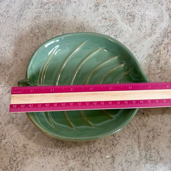 Vintage Leaf Pottery Plate Trinket Dish Sage Green Home Decor Embossed Veins - Picture 8 of 11